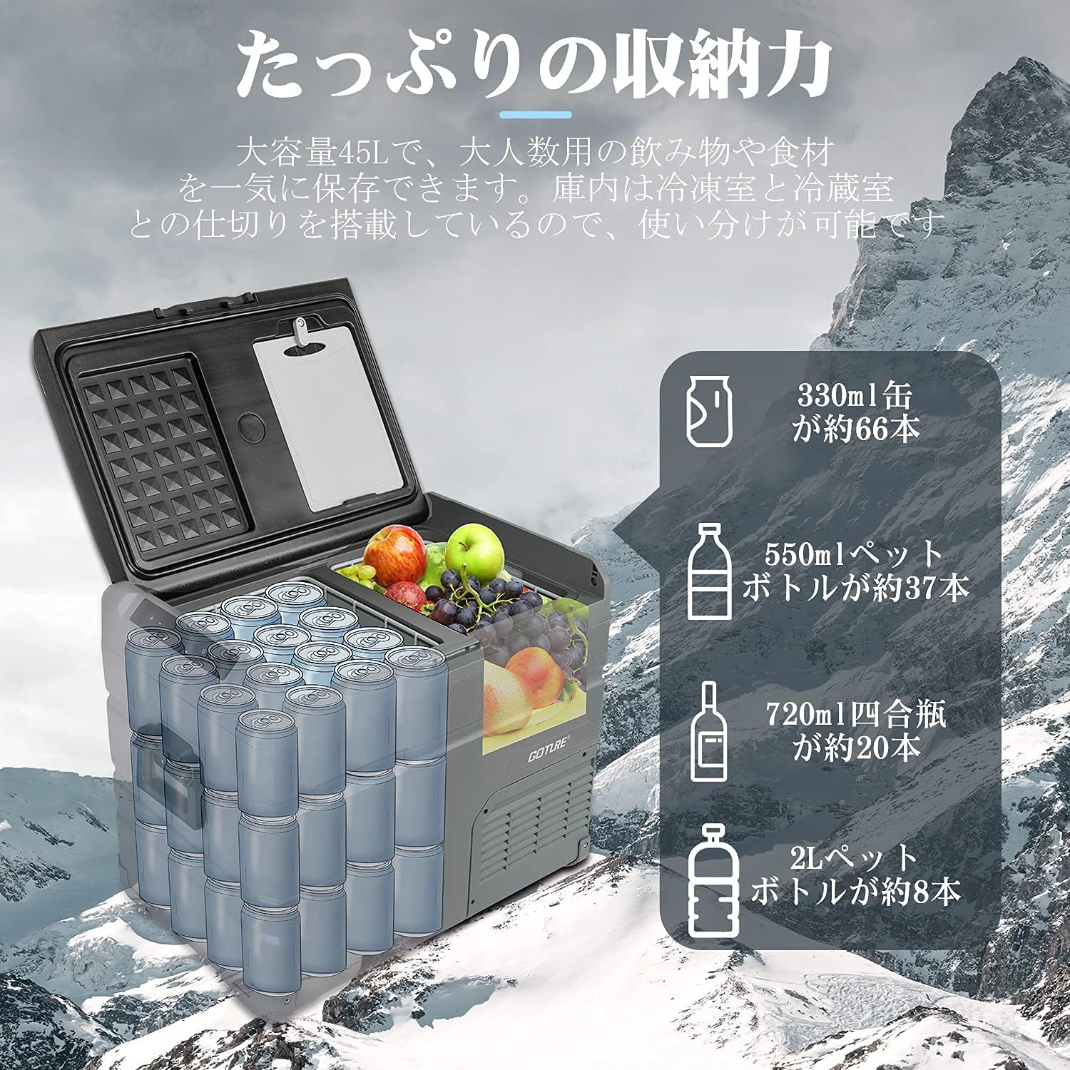 Goture 45L 車載冷蔵庫 -20℃～+20℃調整 冷凍庫【2室独立温度制御